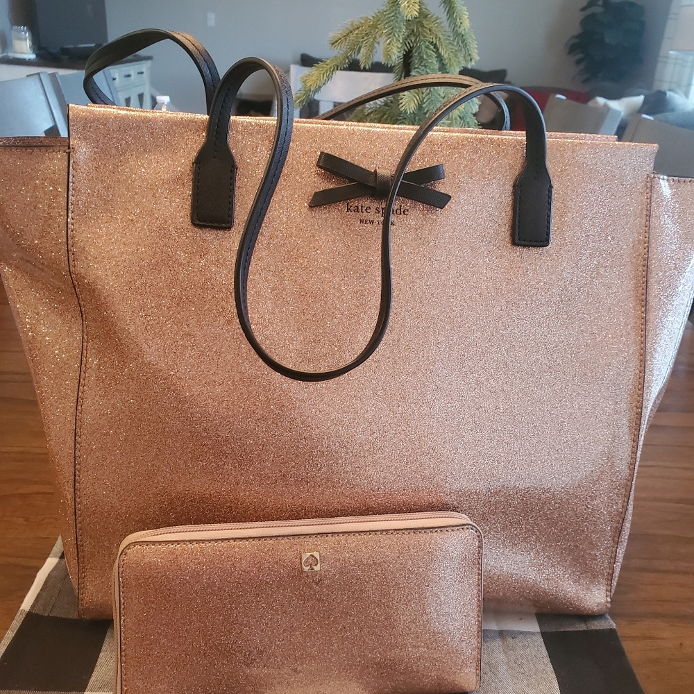 Kate Spade Large rose gold Glitter bag and wallet